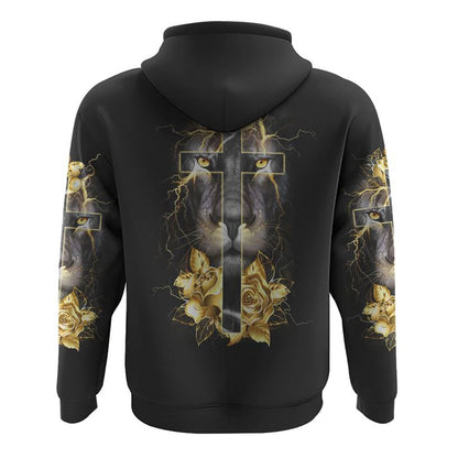 Lion Gold Rose Cross All Over Print 3D Hoodie, Christian Hoodie, Christian Sweatshirt, Bible Verse Shirt