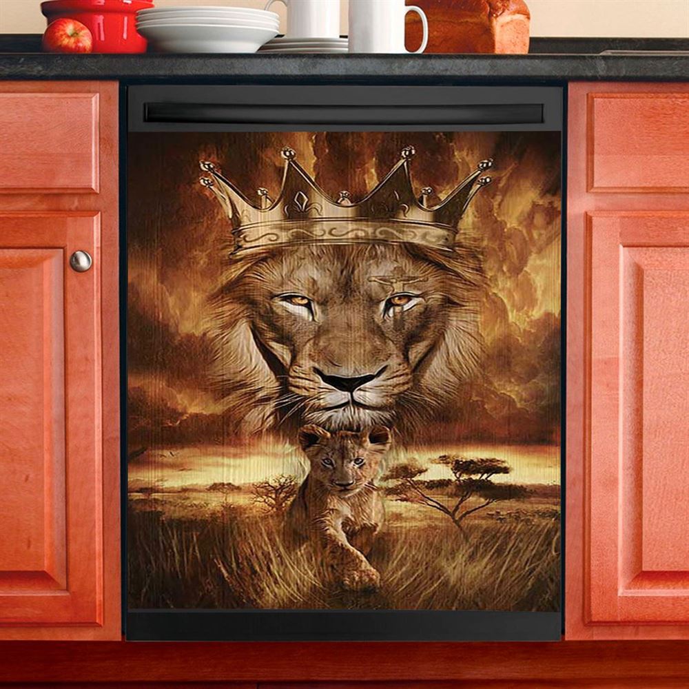 Lion Golden Crown Becoming A King Dishwasher Cover, Lion Dishwasher Wrap, Christian Kitchen Decoration
