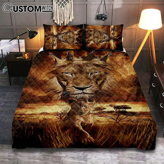 Lion Golden Crown Becoming A King Quilt Bedding Set - Lion Quilt Bedding Set Print - Christian Bedroom - Religious Home Decor