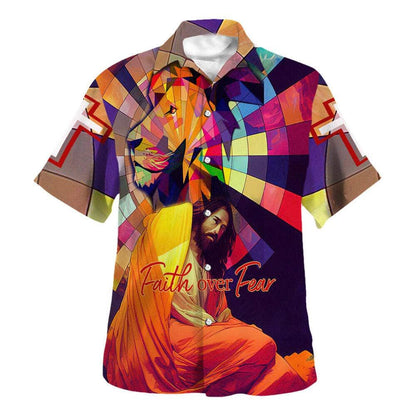 Lion Jesus Faith Over Fear Hawaiian Shirt For Men, Christian Hawaiian Shirt, Gift For Christian