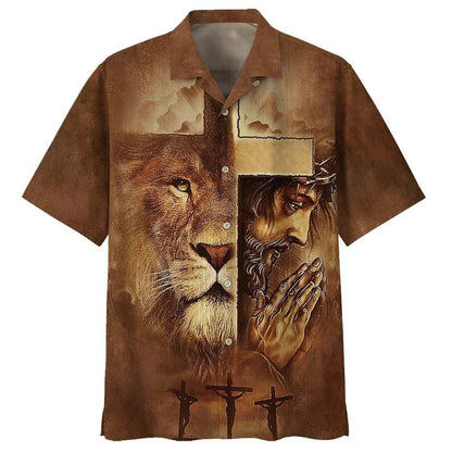 Lion Jesus Pray Cross Christian Faith Religious Hawaiian Shirt For Men, Christian Hawaiian Shirt, Gift For Christian