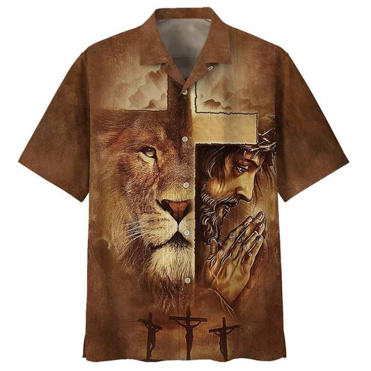 Lion Jesus Pray Cross Christian Faith Religious Hawaiian Shirt For Men, Christian Hawaiian Shirt, Gift For Christian