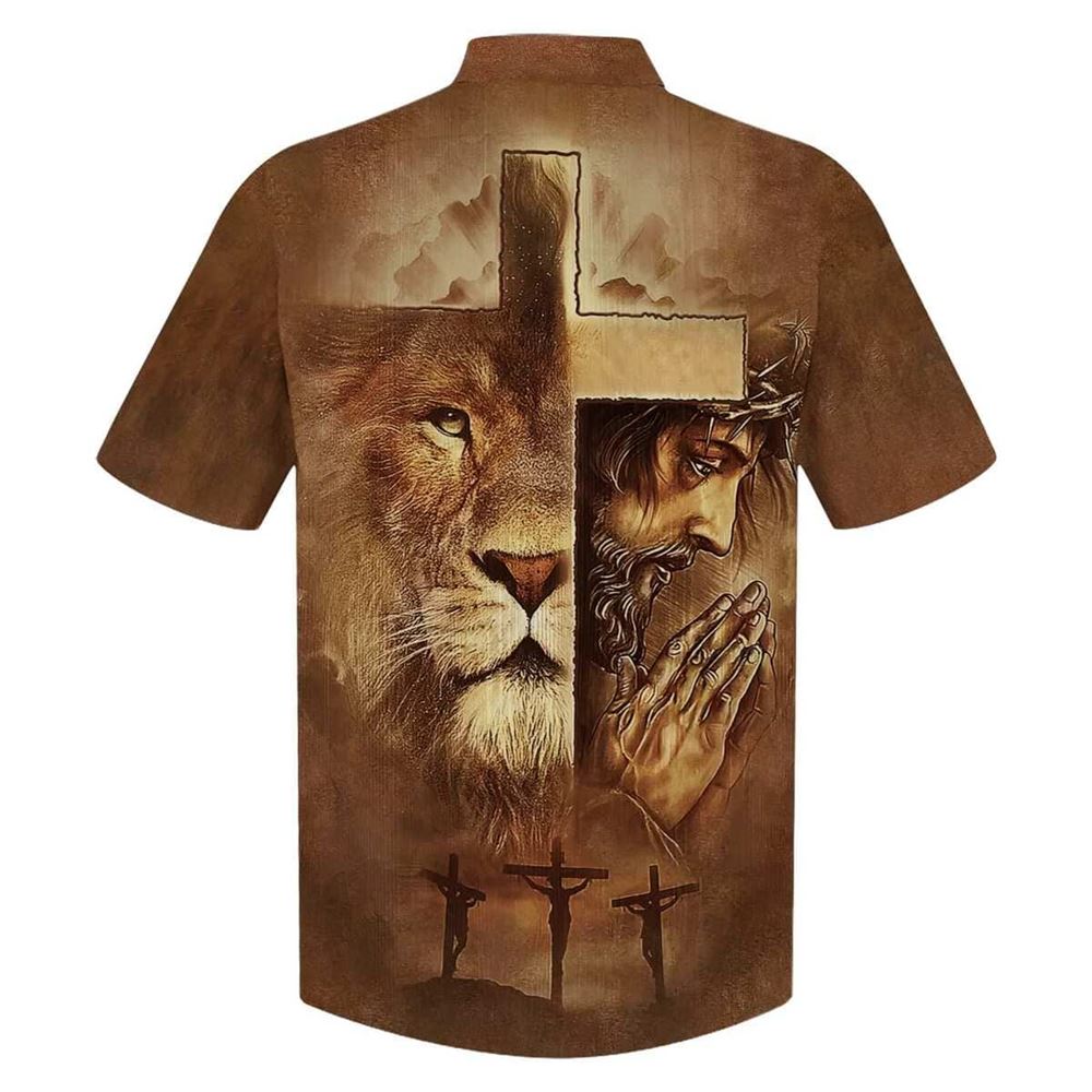 Lion Jesus Pray Cross Christian Faith Religious Hawaiian Shirt For Men, Christian Hawaiian Shirt, Gift For Christian