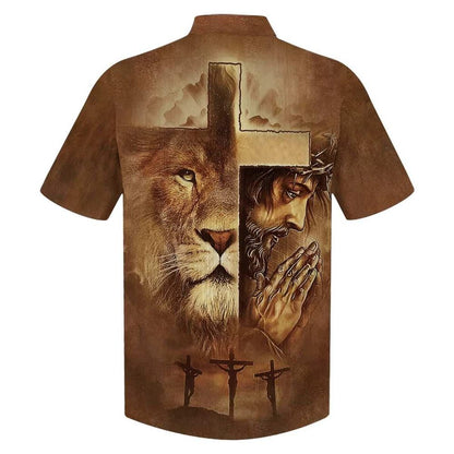 Lion Jesus Pray Cross Christian Faith Religious Hawaiian Shirt For Men, Christian Hawaiian Shirt, Gift For Christian