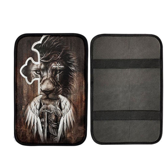 Lion Knight Of God Warrior With Wings Car Armrest Pad - Lion Car Center Console Cover, Religious Car Armrest Accessories