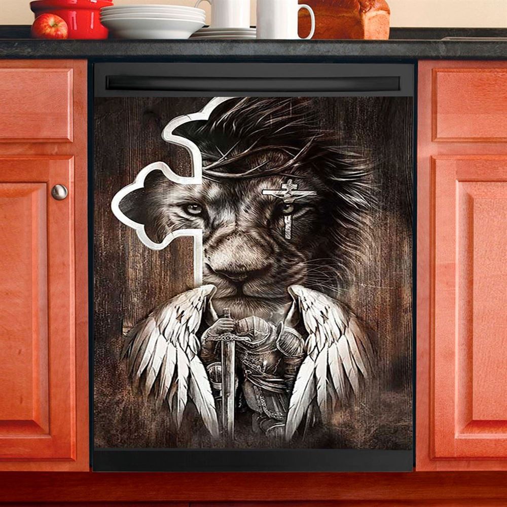 Lion Knight Of God Warrior With Wings Dishwasher Cover, Lion Dishwasher Wrap, Christian Kitchen Decoration