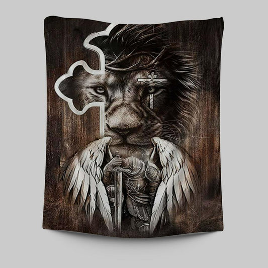 Lion Knight Of God Warrior With Wings Tapestry - Lion Tapestry Print - Christian Wall Art - Religious Home Decor