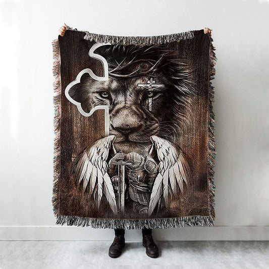 Lion Knight Of God Warrior With Wings Woven Blanket - Lion Woven Blanket Print - Christian Throw Blanket - Religious Home Decor