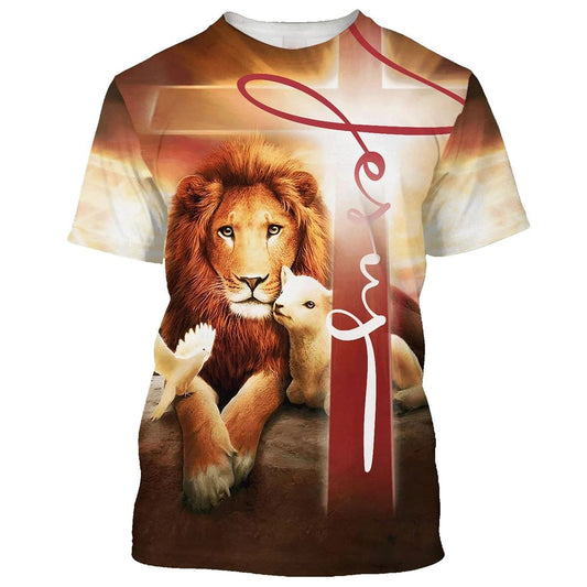 Lion Lamb And A Dove All Over Print 3D T Shirt For Men And Women, Christian T-Shirt, Faith Shirt