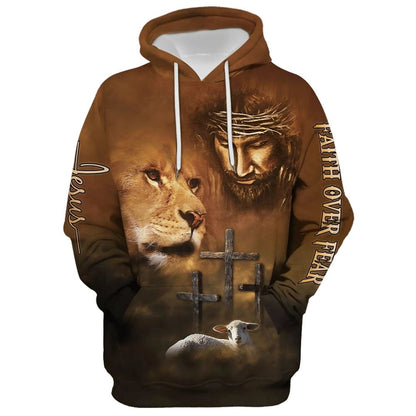 Lion Lamb Jesus Faith Over Fear Hoodie For Men & Women, God 3D Printed Hoodie, Christian Apparel Hoodies