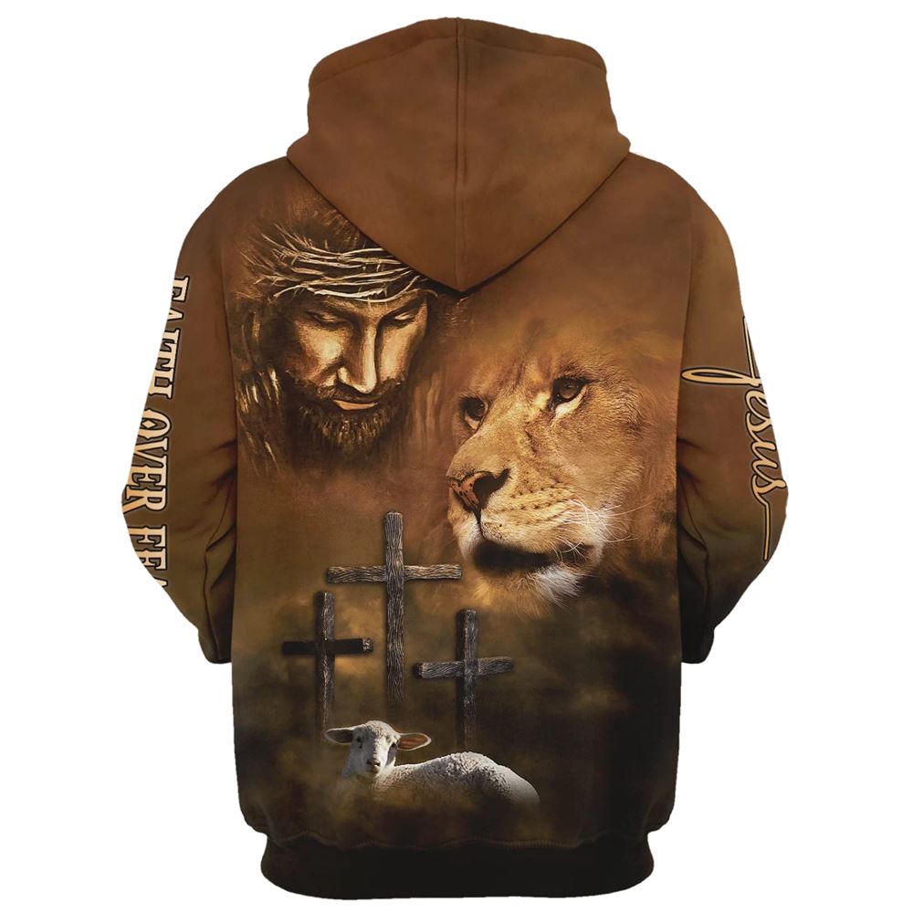 Lion Lamb Jesus Faith Over Fear Hoodie For Men & Women, God 3D Printed Hoodie, Christian Apparel Hoodies