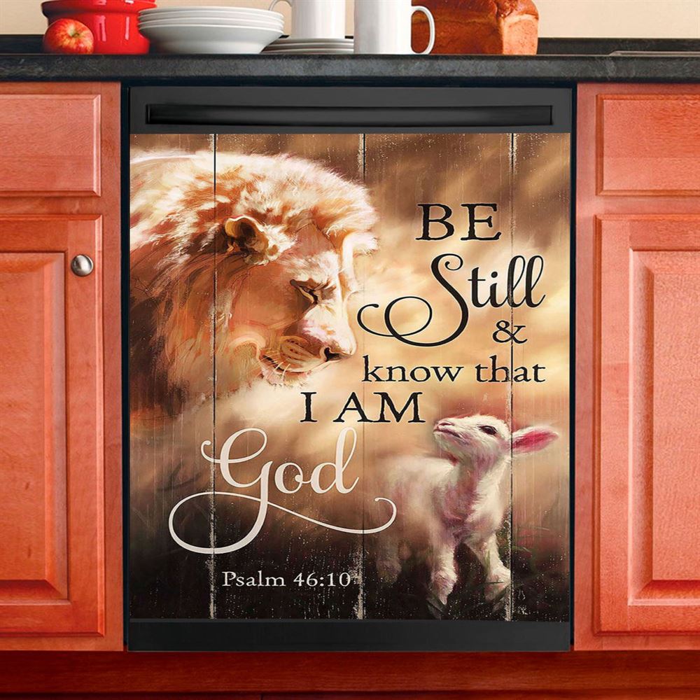 Lion Lamb Of Jesus Be Still And Know That I Am God Dishwasher Cover, Christian Dishwasher Wrap, Bible Verse Kitchen Decoration