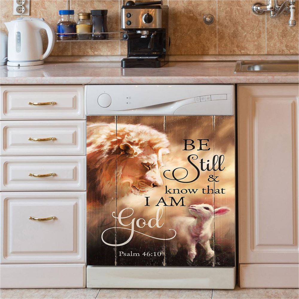 Lion Lamb Of Jesus Be Still And Know That I Am God Dishwasher Cover, Christian Dishwasher Wrap, Bible Verse Kitchen Decoration