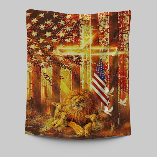 Lion & Lambs Tapestry Wall Art - Christian Wall Tapestry - Religious Tapestries Wall Hanging Prints
