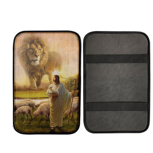 Lion Lambs Walking With Jesus Car Armrest Pad - Lion Car Center Console Cover, Religious Car Armrest Accessories