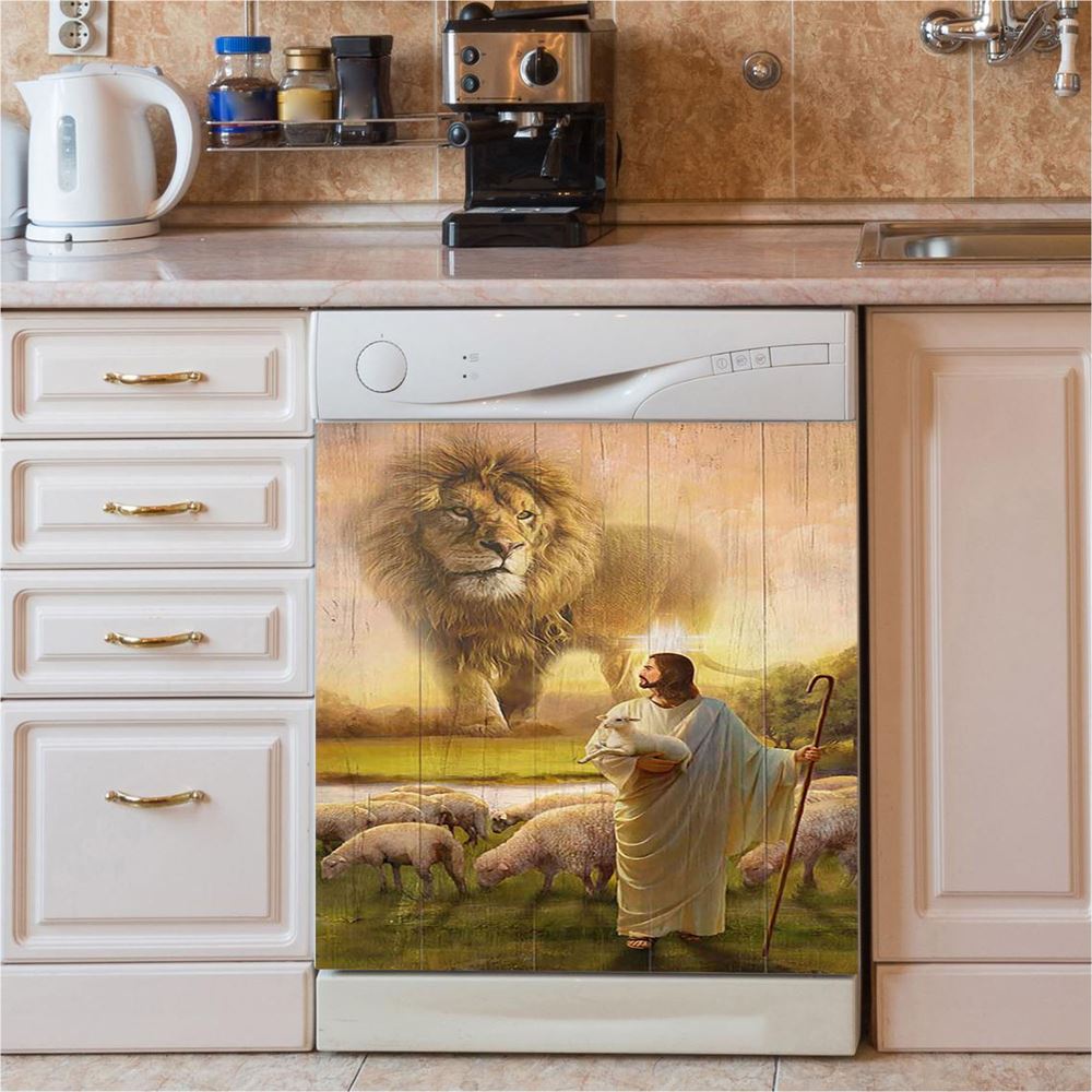 Lion Lambs Walking With Jesus Dishwasher Cover, Lion Dishwasher Wrap, Christian Kitchen Decoration
