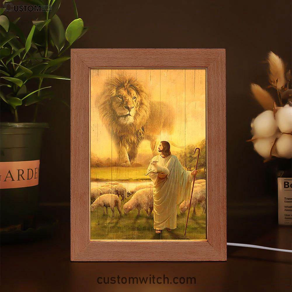 Lion Lambs Walking With Jesus Frame Lamp - Lion Frame Lamp Print - Christian Art - Religious Home Decor