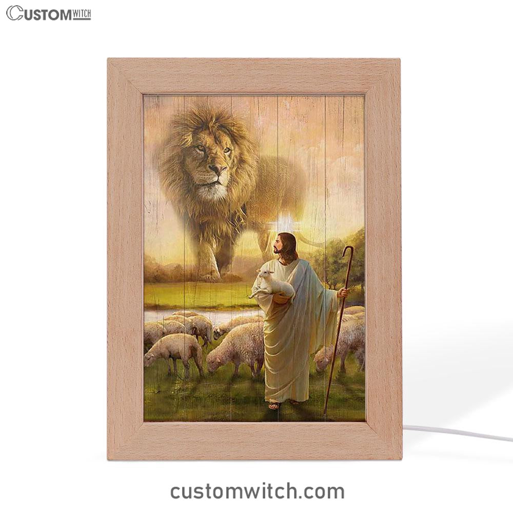 Lion Lambs Walking With Jesus Frame Lamp - Lion Frame Lamp Print - Christian Art - Religious Home Decor