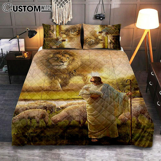 Lion Lambs Walking With Jesus Quilt Bedding Set - Lion Quilt Bedding Set Print - Christian Bedroom - Religious Home Decor