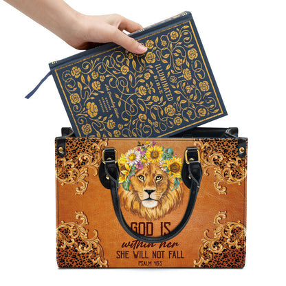 Lion Leather Handbag, God Is Within Her She Will Not Fall Leather Bag, Religious Gifts For Women, Women Pu Leather Bag