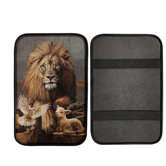 Lion Little Lamb And Beautiful Dove Car Armrest Pad - Lion Car Center Console Cover, Religious Car Armrest Accessories