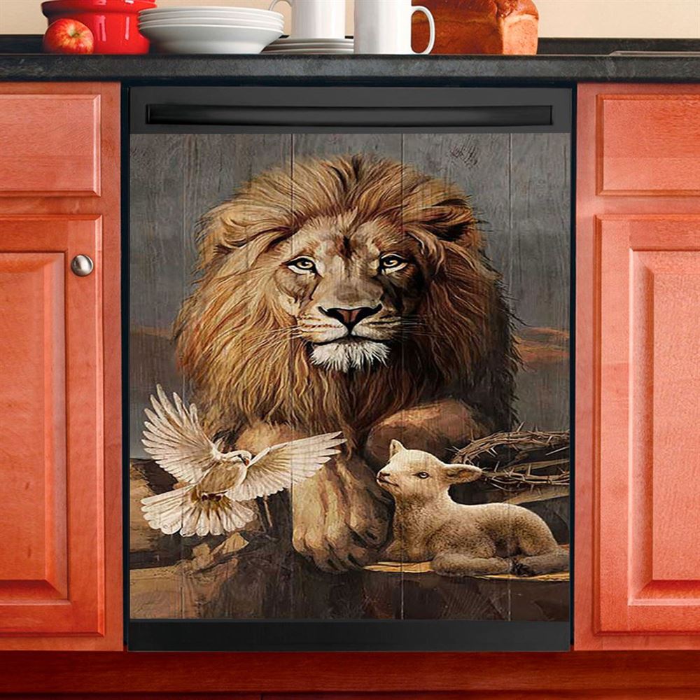 Lion Little Lamb And Beautiful Dove Dishwasher Cover, Lion Dishwasher Wrap, Christian Kitchen Decoration