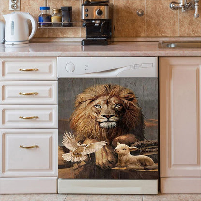 Lion Little Lamb And Beautiful Dove Dishwasher Cover, Lion Dishwasher Wrap, Christian Kitchen Decoration