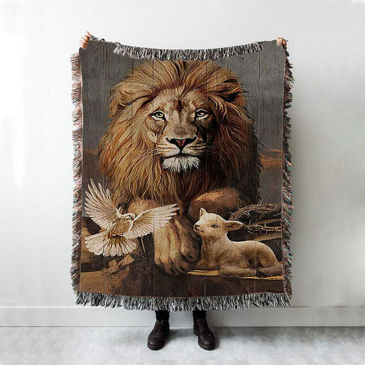 Lion Little Lamb And Beautiful Dove Woven Blanket - Lion Woven Blanket Print - Christian Throw Blanket - Religious Home Decor