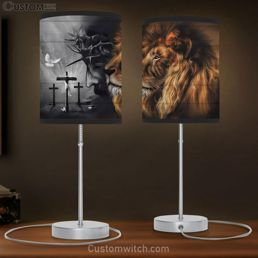 Lion Of Judah And Jesus Portrait Large Table Lamb - Christian Table Lamb Prints - Religious Table Lamb Art