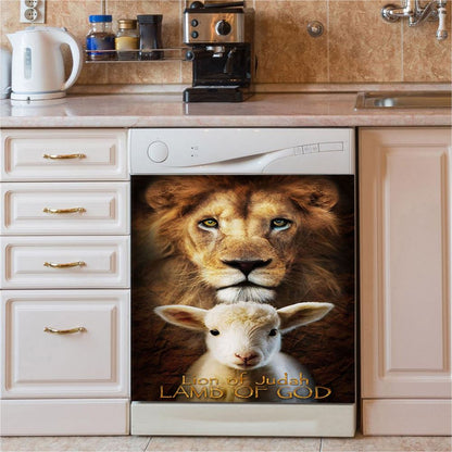 Lion Of Judah And Lamb Of God Stand Together Dishwasher Cover, Inspirational Dishwasher Wrap, Christian Kitchen Decoration