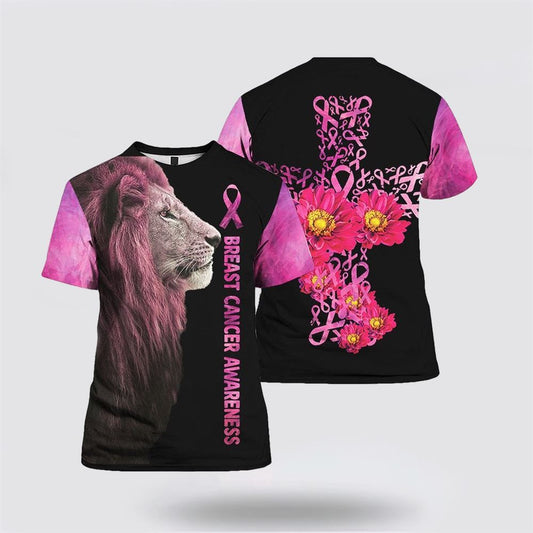 Lion Of Judah Cross Pink Breast Cancer All Over Print 3D T Shirt, Breast Cancer Gift Ideas, Unisex T Shirt
