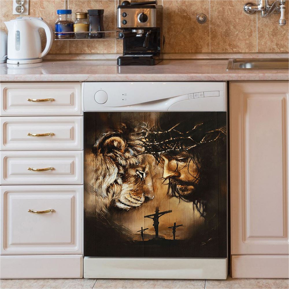 Lion Of Judah Crown Of Thorn Dishwasher Cover, Lion Dishwasher Wrap, Christian Kitchen Decoration