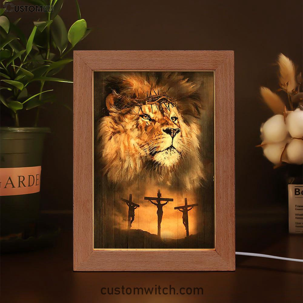 Lion Of Judah Crown Of Thorn Frame Lamp - Lion Frame Lamp Print - Christian Art - Religious Home Decor