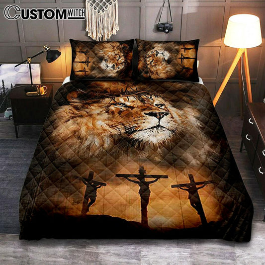 Lion Of Judah Crown Of Thorn Quilt Bedding Set - Lion Quilt Bedding Set Print - Christian Bedroom - Religious Home Decor