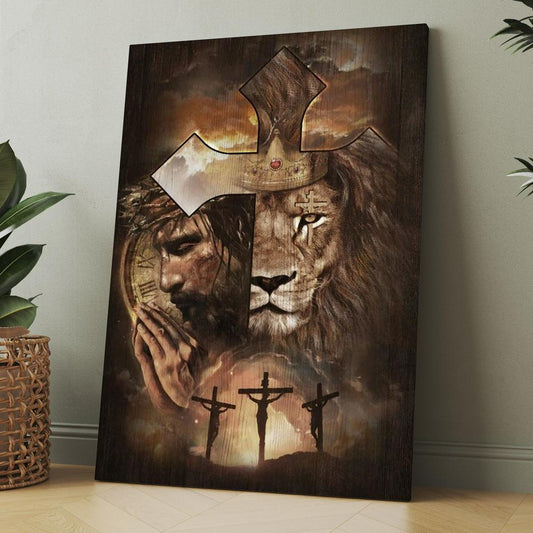 Lion Of Judah, Face Of Jesus, Golden Crown, Cross Canvas, Christmas Gift for Christian