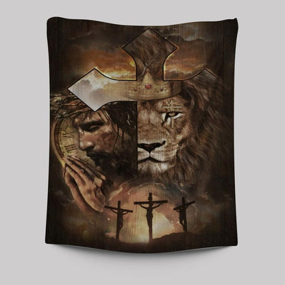 Lion Of Judah, Face Of Jesus, Golden Crown, Cross Tapestry