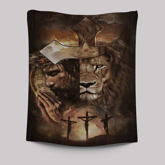 Lion Of Judah, Face Of Jesus, Golden Crown, Cross Tapestry