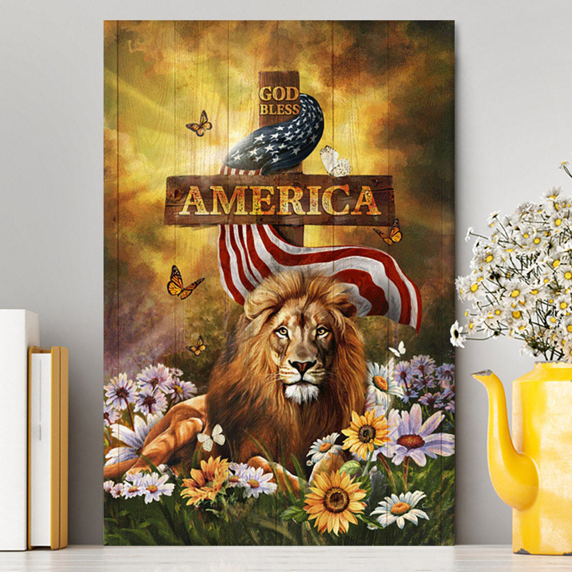 Lion Of Judah God Bless America Canvas - Lion Canvas Print - Christian Wall Art - Religious Home Decor