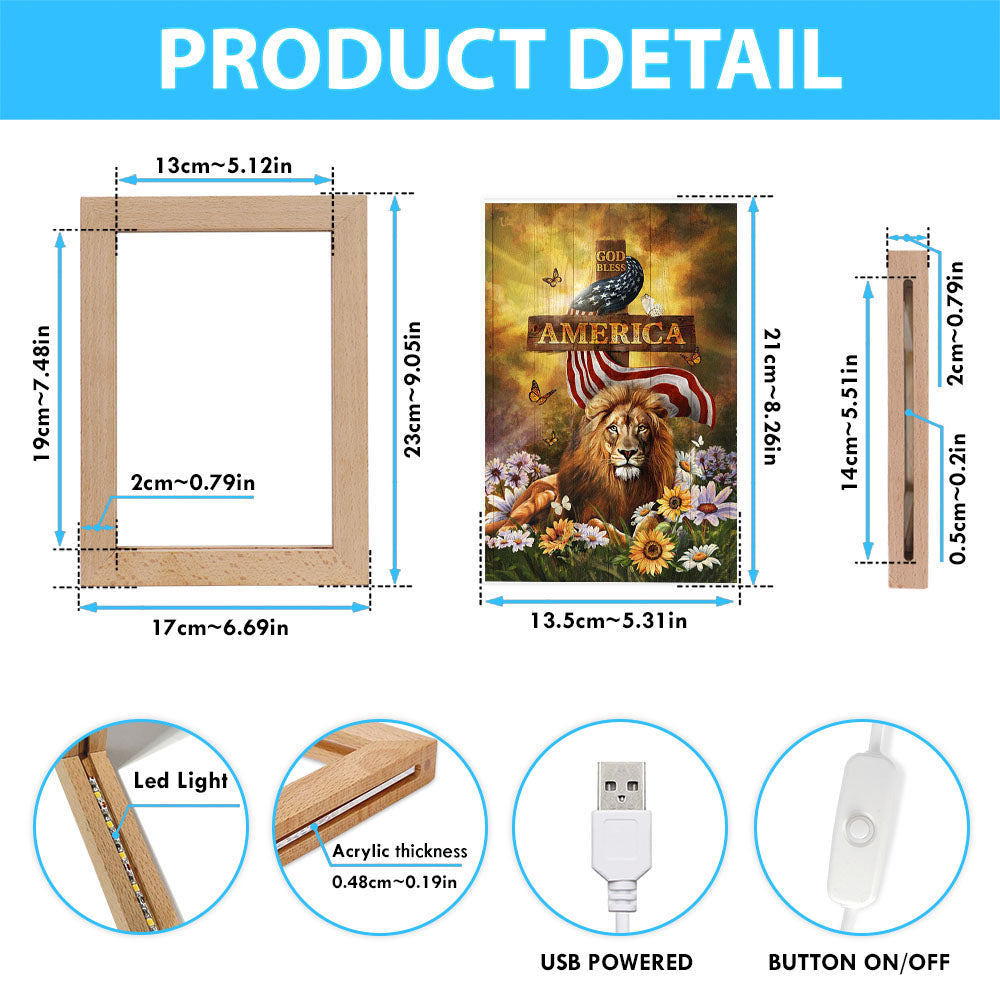 Lion Of Judah God Bless America Frame Lamp - Lion Frame Lamp Print - Christian Art - Religious Home Decor