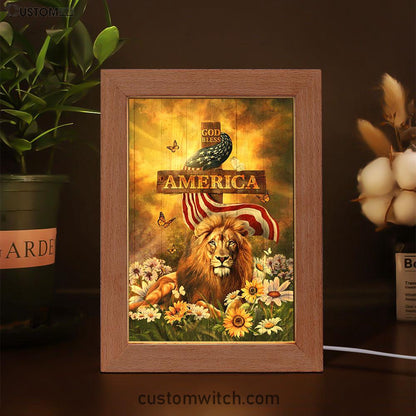 Lion Of Judah God Bless America Frame Lamp - Lion Frame Lamp Print - Christian Art - Religious Home Decor