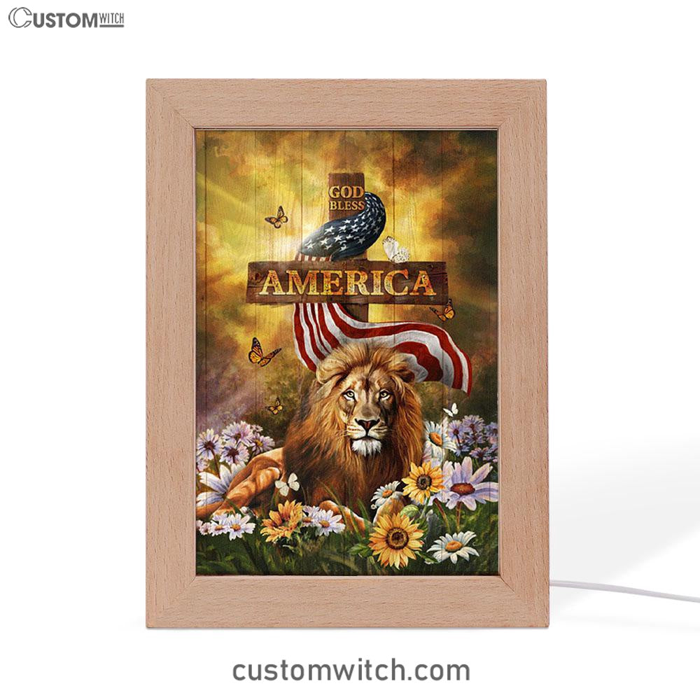 Lion Of Judah God Bless America Frame Lamp - Lion Frame Lamp Print - Christian Art - Religious Home Decor