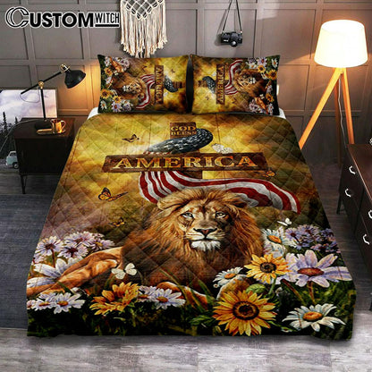 Lion Of Judah God Bless America Quilt Bedding Set - Lion Quilt Bedding Set Print - Christian Bedroom - Religious Home Decor