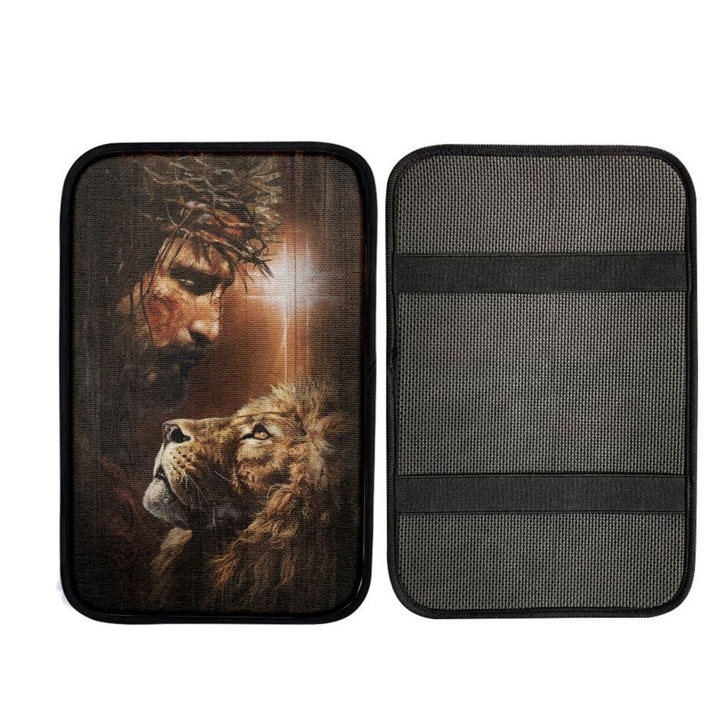 Lion Of Judah, God, Unique Cross, Beautiful Night Car Center Console Cover, Car Armrest Pad, Christian Gift, Armrest Box Mat