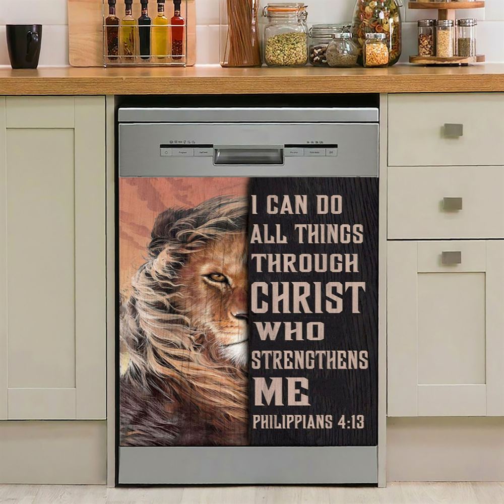 Lion Of Judah I Can Do All Things Through Christ Dishwasher Cover, Bible Verse Dishwasher Wrap, Scripture Kitchen Decoration