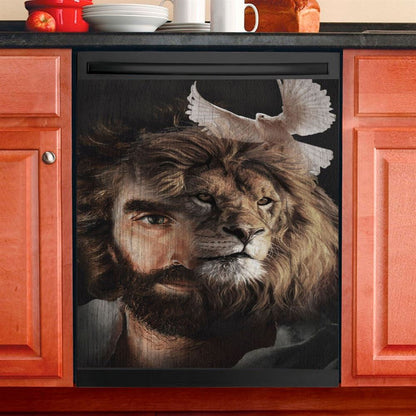 Lion Of Judah Jesus And The Dove Dishwasher Cover, Jesus Christ Dishwasher Wrap, Christian Kitchen Decoration