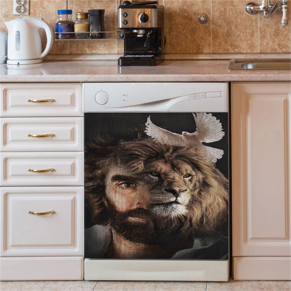 Lion Of Judah Jesus And The Dove Dishwasher Cover, Jesus Christ Dishwasher Wrap, Christian Kitchen Decoration