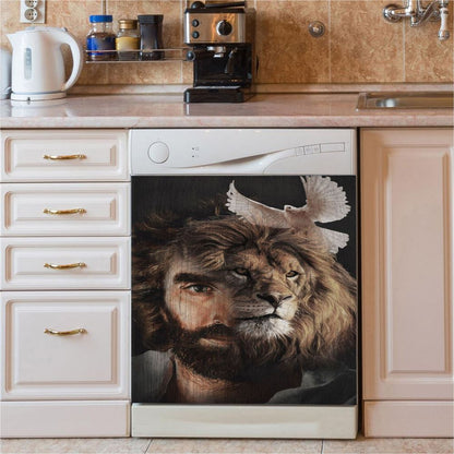 Lion Of Judah Jesus And The Dove Dishwasher Cover, Jesus Christ Dishwasher Wrap, Christian Kitchen Decoration