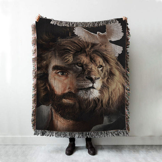 Lion Of Judah Jesus And The Dove Woven Blanket Prints - Jesus Christ Woven Blanket Art - Christian Boho Blanket