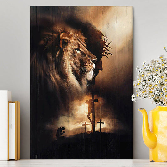 Lion Of Judah Jesus On The Cross Praying With Jesus Canvas - Lion Canvas Print - Christian Wall Art - Religious Home Decor