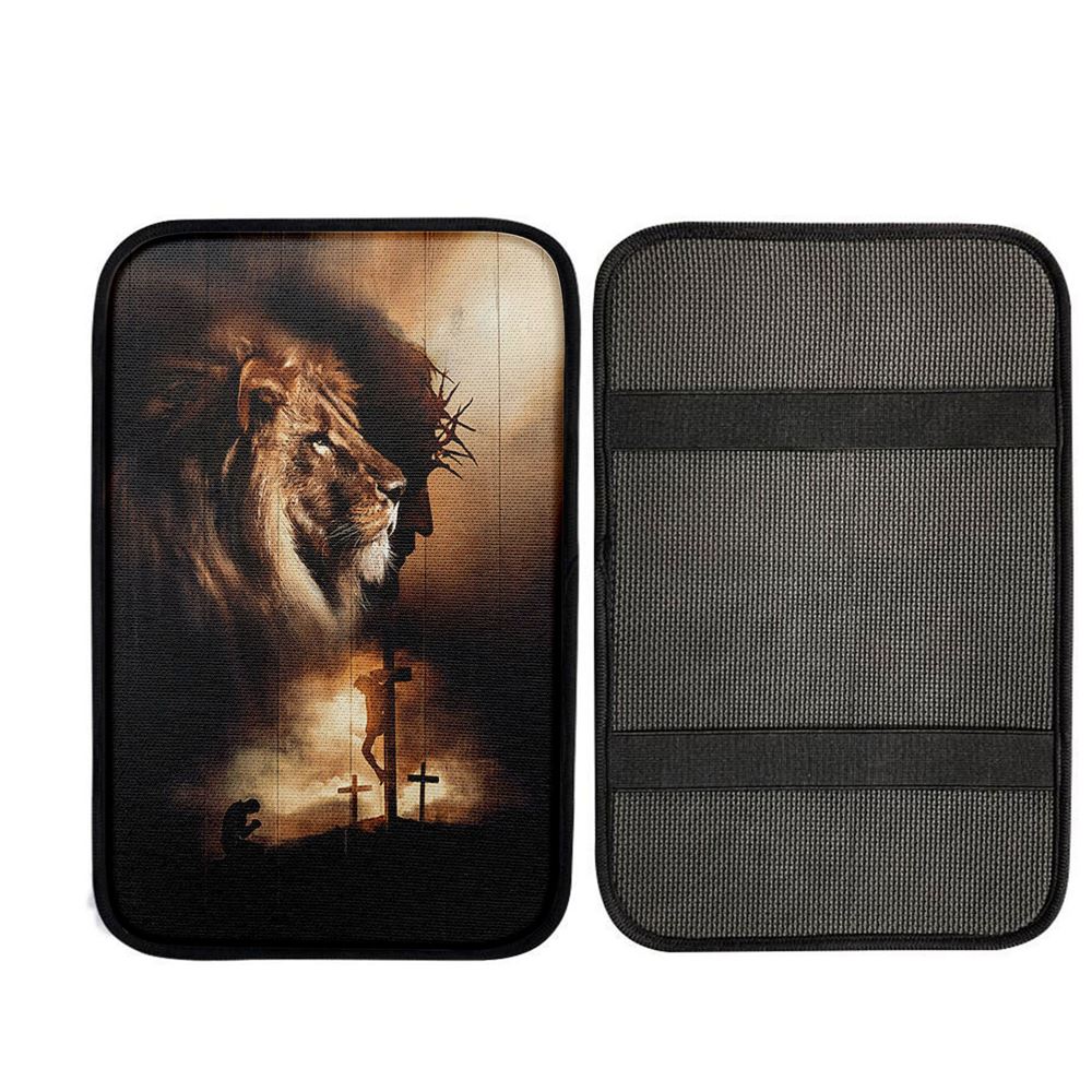 Lion Of Judah Jesus On The Cross Praying With Jesus Car Armrest Pad - Lion Car Center Console Cover, Christian Gift Car Armrest Pad